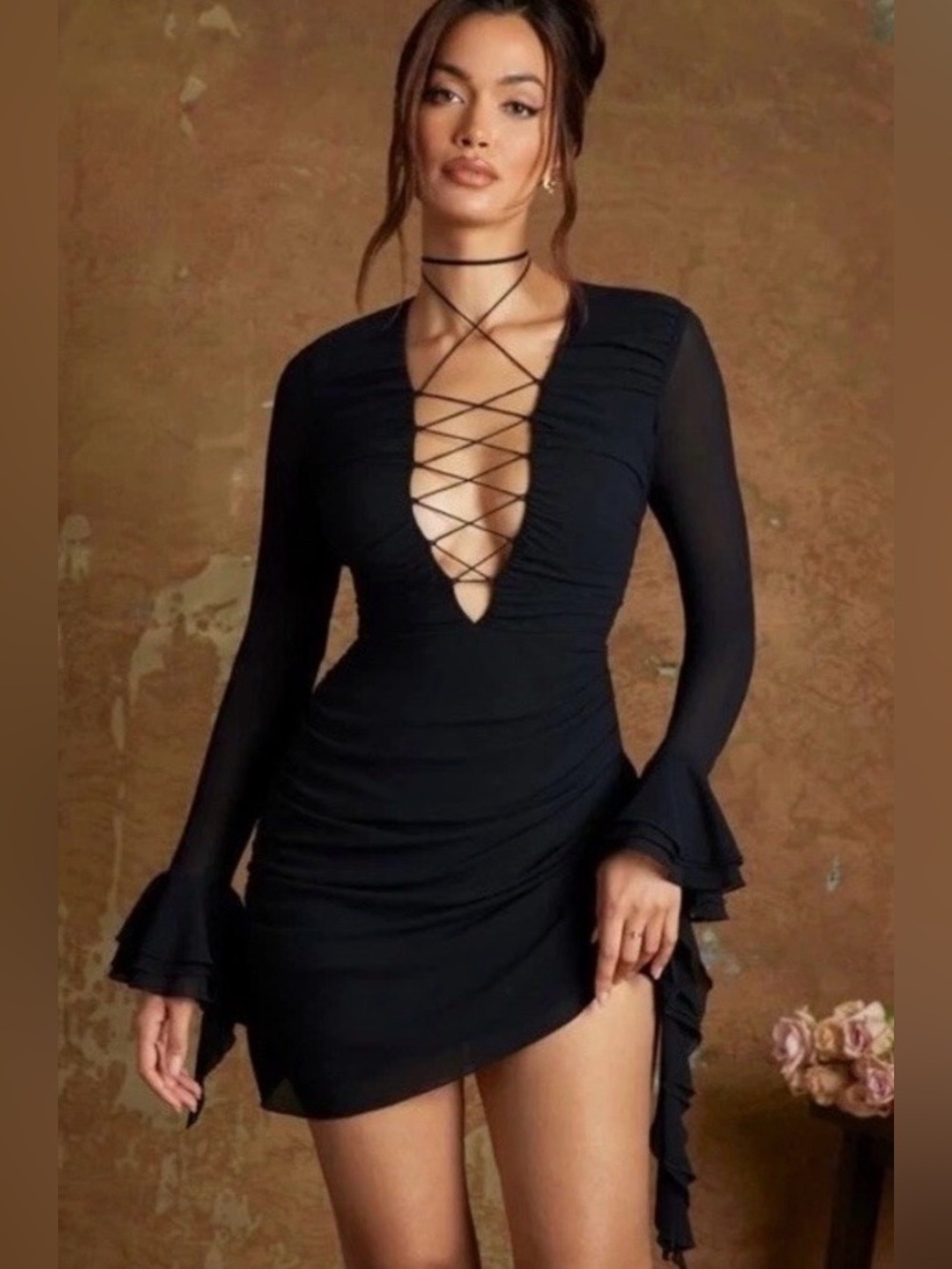 NWT Oh Polly Cemile Lace Up Front Long Sleeve Women's Mini Dress in Black US 6